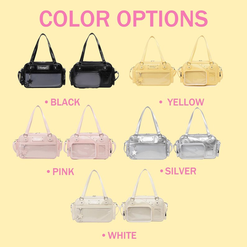May include: Image showcasing a variety of shoulder bags in multiple colors. The bags are available in black, yellow, pink, silver, and white. The text "COLOR OPTIONS" is displayed at the top. Each bag has a rectangular shape with a top handle and a transparent pocket.