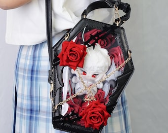 Bolsa transversal em formato de caixão, estilo gótico, ideal para pins de anime. Perfeita para cosplay em tons pastel gótico de Harajuku, com janela transparente.