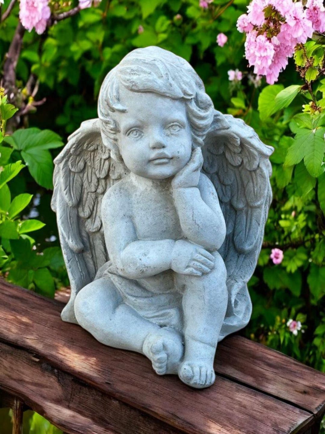 Garden Cherub Sculpture - Cement Angel Ornament - Stone Religious Art ...