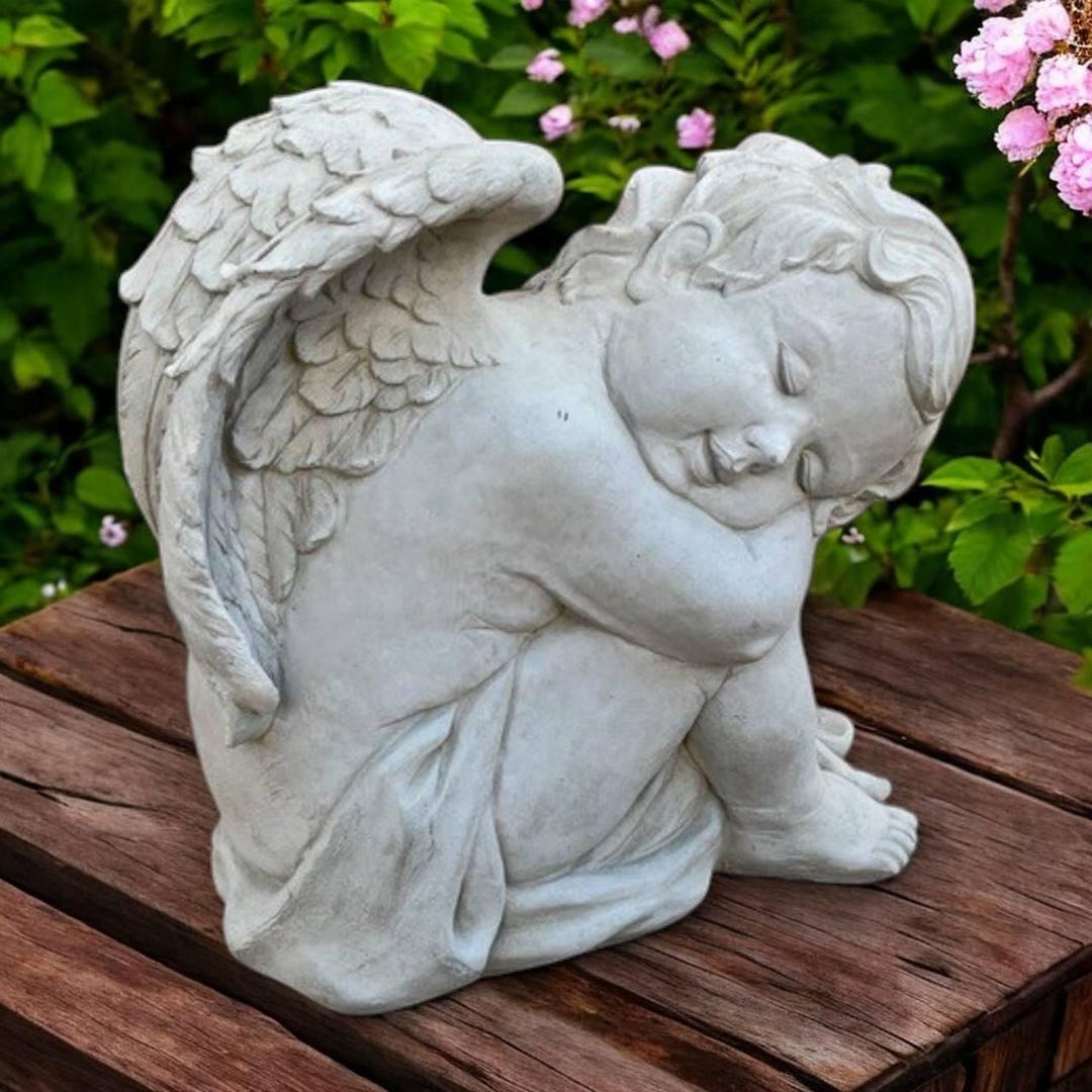 Stone Cherub Figurine - Garden Angel Art - Lawn Religious Ornament ...