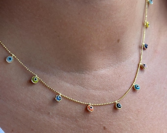 14k Gold Multicolor Evil Eye Necklace, Beaded Protection Necklace, Layered Chain Necklace, Colorful Evil Eye Jewelry for Women, Her