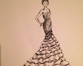 8x10 inches B&W Custom Dress Sketch