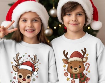 Cute Reindeer Kids Christmas PNG | Matching Boy & Girl Deer Clipart | Festive Holiday Shirt Sublimation Design