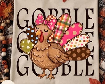Gobble Turkey PNG, Colorful Boujee Turkey, Preppy thanksgiving, Thankful Shirt Design, Fall Vibes Png, Give Thanks PNG, Coquette Turkey PNG