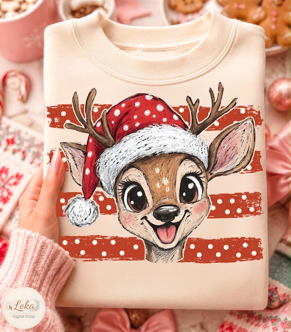 Christmas Reindeer PNG, Stripes PolkaDot Reindeer, Distressed Christmas Winter Holiday, Santa Hat Reindeer, Festive Holiday, Funny Xmas PNG