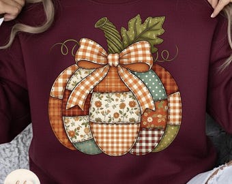 Vintage Patchwork Pumpkin PNG | Retro Quilt Fall Design | Autumn Cottagecore Embroidery