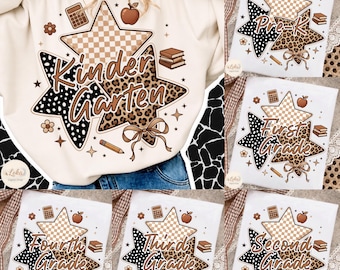 Back To School Stars PNG Bundle, Leopard Checkered Polka Dot Stars, School Supplies PNG, Pre-K To 4th Grade Png, Happy First Day Of School