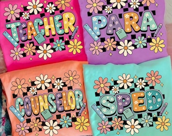 Retro School Occupation PNG Bundle, Floral Back to School Teacher Sped Para Counselor, Floral Teacher Apprecation, Checkered Teacher Png