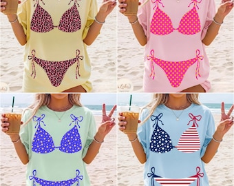 Sommarbikini PNG-paket, prickig och leopardfärgad baddräkt, USA-bikini, baddräkt med fjärde juli-motiv, strandvibbar för tjejer i solsken, bikini PNG