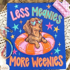 May include: Blue t-shirt with a dachshund illustration wearing heart-shaped sunglasses, floating in a pink and orange inner tube. The shirt has the text "Less Meanies More Weenies" with star accents. A pink hair clip and beaded necklace are also visible.
