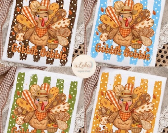 Gobble Gobble Turkey PNG, StripesPolkaDot Boujee Turkey, Thanksgiving Png, Thankful Design, Fall Vibes, Give Thanks PNG, Coquette Turkey PNG