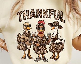 Thankful Leopard Print PNG, Boujee Fall Animals PNG, Thanksgiving Turkey Duck Goose Sublimation, Preppy Autumn Coffee Clipart