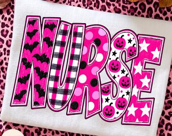Halloween Nurse PNG, Pink Polka Dot Checkered Design, Spooky Coquette Nurse PNG, Funny Nurse Pumpkin PNG, Colorful Spooky, Fall Nurse Png