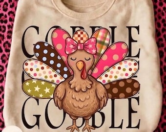 Gobble Turkey PNG, Colorful Girly Boujee Turkey, Preppy thanksgiving,Thankful Shirt Design, Fall Vibes Png, Give Thanks, Coquette Turkey PNG