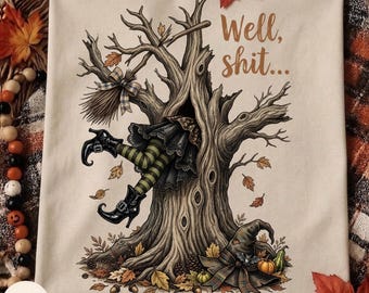 Well Shit Funny Witch PNG, Funny Witch Crashed Into Tree, Dark Humor Halloween Shirt Design, Sarcastic Halloween Witch, Trendy Fall Png