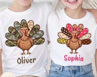 Custom Name Thanksgiving Kids PNG, Preppy Turkey Boy Girl PNG, Camo Turkey, Colorful Boujee Turkey, Thankful Shirt Design, Give Thanks PNG