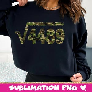 May include: Black sweatshirt with a camouflage square root symbol and the number 4489 in a matching camouflage pattern. The sweatshirt is a dark color and has a crew neck.