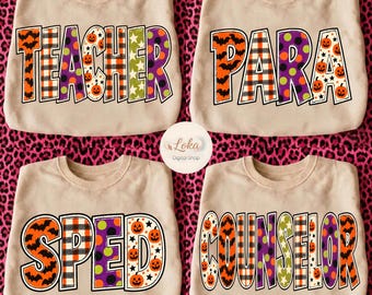 School Occupation Halloween PNG Bundle, Spooky Teacher Sped Para Counselor, Polka dots Checkered Pumpkin, Back to School Halloween PNG