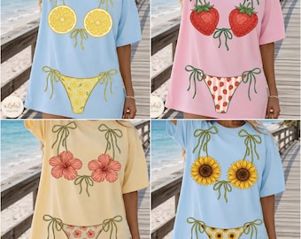 Sommarbikini PNG-paket, Hej sommar, preppy baddräkt, hibiskuscitron, jordgubb, solros, baddräkt, solskenssjöflicka med strandvibbar, bikini