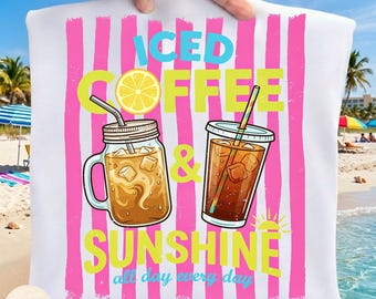 Iced Coffee and Sunshine PNG, Retro Striped Summer Vibes,Vintage Iced Coffee Lover Design, Summer Sunshine Quote, Hello Summer, Trendy Drink