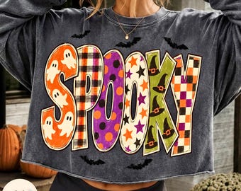 Preppy Spooky Halloween PNG, Witch Hat Halloween, Polka Dots Checkered Design, Fall Ghost Png, Colorful Spooky Season PNG, Trendy Halloween
