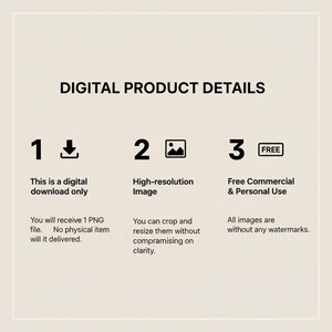 May include: Digital product details graphic with numbered sections. Includes text about digital downloads, high-resolution images, and free commercial and personal use. The image is on a cream-colored background.