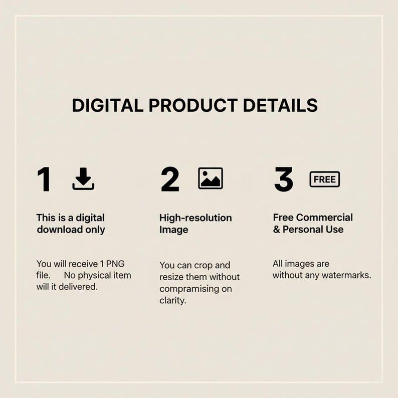 May include: Digital product details graphic with numbered sections. Includes text about digital downloads, high-resolution images, and free commercial and personal use. The image is on a cream-colored background.