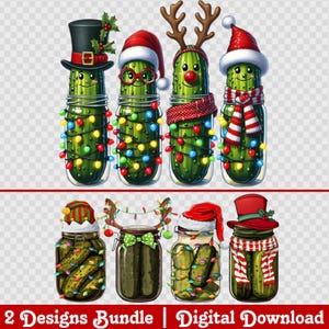 May include: Digital illustration of Christmas-themed pickle jars. Four jars feature pickles with faces, wearing hats, scarves, and antlers, and wrapped in string lights. The bottom row shows three more jars with pickles and holiday decorations.