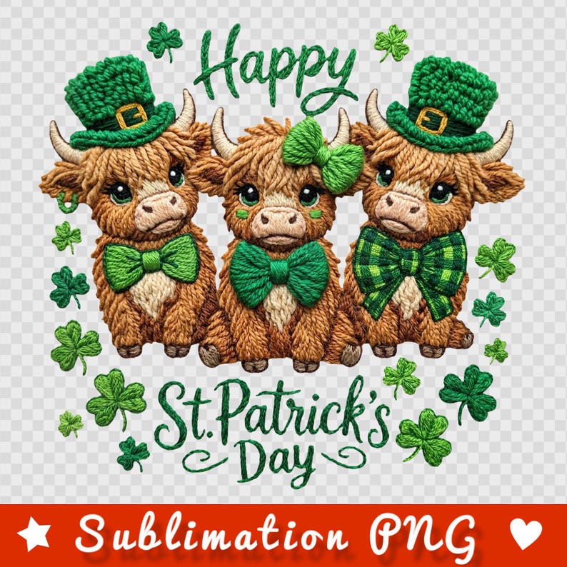 St Patricks Day Png, Highland Cow  PNG, Shamrock Highland Cow Stack, Shamrock Lucky PNG, Faux Yarn Png, Green Day Png, Sublimation Design