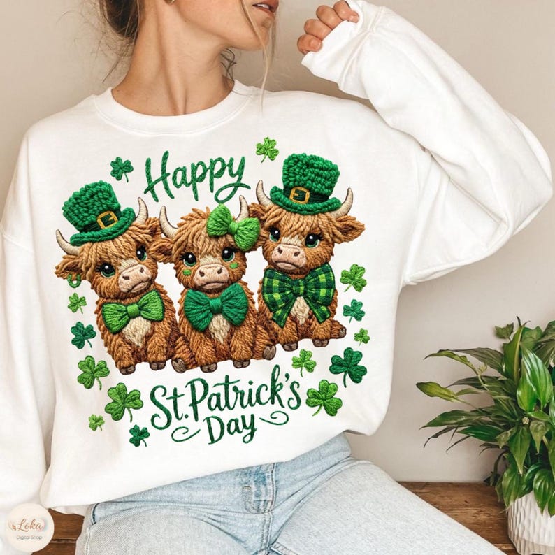 St Patricks Day Png, Highland Cow  PNG, Shamrock Highland Cow Stack, Shamrock Lucky PNG, Faux Yarn Png, Green Day Png, Sublimation Design