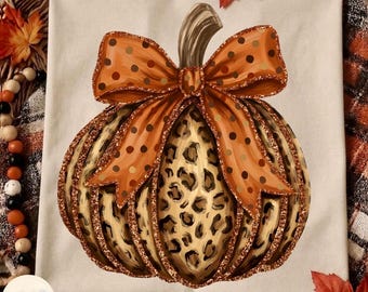Preppy Fall Leopard Pumpkin PNG, Polka Dots Coquette Bow, Hand Drawn Glitter Design, Fall Pumpkin Png, Thanksgiving Png, Pumpkin Season PNG