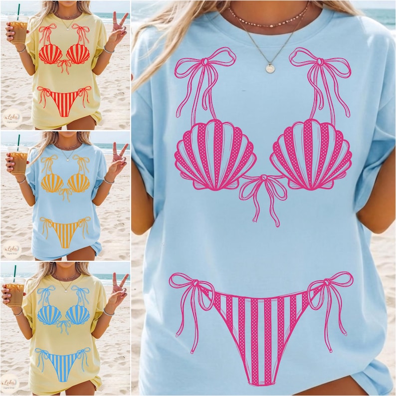 Sommarbikini PNG-paket, kustsommar, preppy baddräkt PNG, randig och prickig baddräkt, solskenssjöflicka strandvibbar, bikini PNG bild 1