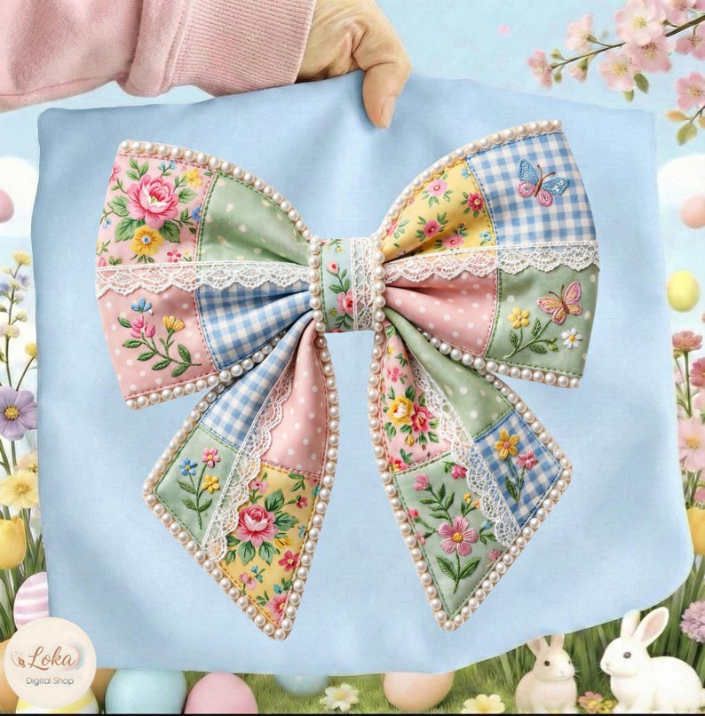 May include: A large, decorative bow with a patchwork design featuring floral patterns, gingham, and polka dots in pastel colors. The bow is trimmed with white lace and faux pearls. Butterflies are embroidered on the bow. The bow is held against a light blue background.