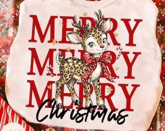 Merry Christmas PNG, Leopard Christmas Reindeer, Bow PolkaDot, Merry and Bright, Winter Holiday, Preppy Merry Christmas, Girly Holiday Xmas