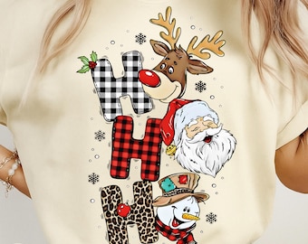 Ho Ho Ho Christmas PNG, Santa Reindeer Snowman Patchwork, Faux Embroidery Crochet Holiday Digital Design