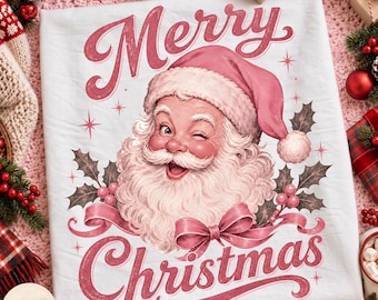 Vintage Merry Christmas PNG, Pink Santa Claus Design, Merry and Bright, Winter Holiday,Retro Holiday Holly, Preppy Merry Christmas, Xmas PNG