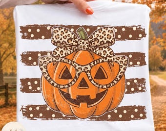 Halloween Pumpkin PNG, Pumpkin Polka Dot Stripes PNG, Leopard Boho Pumpkin, Preppy Fall Pumpkin, Coquette Autumn, Trendy Halloween Design