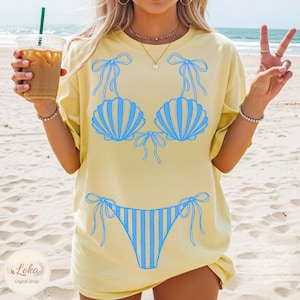 Sommarbikini PNG-paket, kustsommar, preppy baddräkt PNG, randig och prickig baddräkt, solskenssjöflicka strandvibbar, bikini PNG bild 4