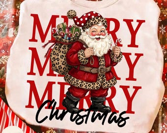 Merry Christmas PNG, Leopard Christmas Santa Claus, PolkaDot Santa Hat, Merry and Bright, Winter Holiday, Preppy Merry Christmas, Xmas PNG