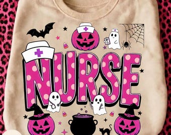 Halloween Nurse PNG, Pink Polka Dot Nurse Ghost Design, Spooky Coquette Nurse PNG, Funny Ghost Nurse Stethoscope, Ghost Nurse Pumpkin PNG