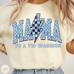 Retro Diabetes Awareness PNG design featuring “Mama to a T1D Warrior” text with blue ribbon, vintage style Type 1 Diabetes mom graphic for November awareness and support
