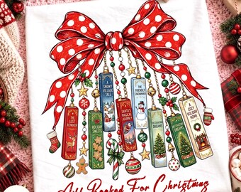All Booked for Christmas PNG, Coquette Christmas Bow Charm, Polka Dots Christmas Book Lover Design, Santa Reindeer Snowman Christmas Tree