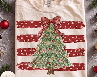 Christmas Tree PNG, Stripes PolkaDot Tree, Merry and Bright, Distressed Winter Holiday, Coquette Bow Christmas Tree, Girly Holiday XmasPNG
