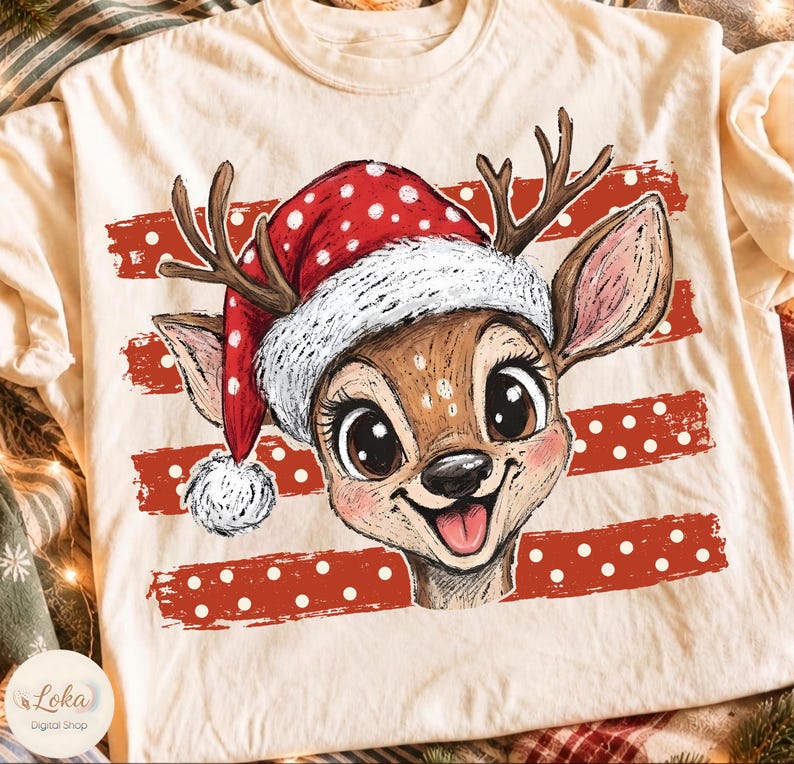 May include: A cream-colored t-shirt featuring a graphic illustration of a deer wearing a red and white polka-dot Santa hat. The deer has large eyes, antlers, and a smiling expression. Behind the deer are three horizontal red, distressed stripes.