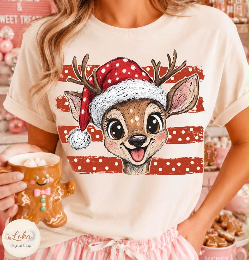 May include: A cream-colored t-shirt featuring a graphic of a brown deer wearing a red and white polka-dot Santa hat. The deer is centered over horizontal red stripes with white polka dots. The design includes large eyes and a smiling mouth.