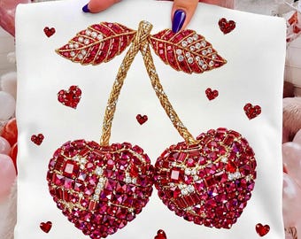 Cherry Heart PNG, Yarn Sparkle Rhinestone, Valentine Coquette Design, Cherry GlitterDesign, Digital Download