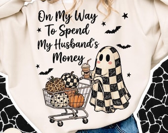 Halloween Ghost PNG, On My Way To Spend My Husband's Money, Checkered Leopard Polka Dot Pumpkin, Ghost Shopping, Funny Halloween Shopping