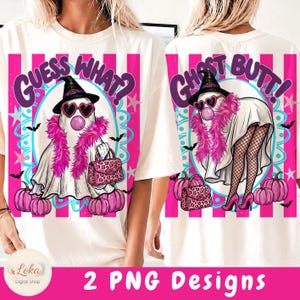 May include: An off-white t-shirt featuring two graphic designs of a ghost wearing a witch hat, heart-shaped sunglasses, and a pink feather boa. The ghost holds a leopard print handbag, with pink pumpkins and text reading Guess What? and Ghost Butt!