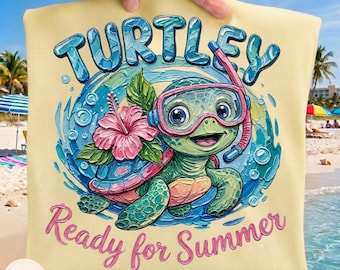 May include: A light yellow tote bag featuring a cartoon turtle wearing a snorkel and goggles, with the words "TURTLEY Ready for Summer" in blue and pink. The turtle is surrounded by water and a pink hibiscus flower.