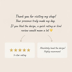 May include: A graphic with text that says "Thank you for visiting my shop!" and "If you liked the design, a quick rating or kind review would mean a lot." Includes a 5-star rating and the text "Absolutely loved the design! Highly recommend."